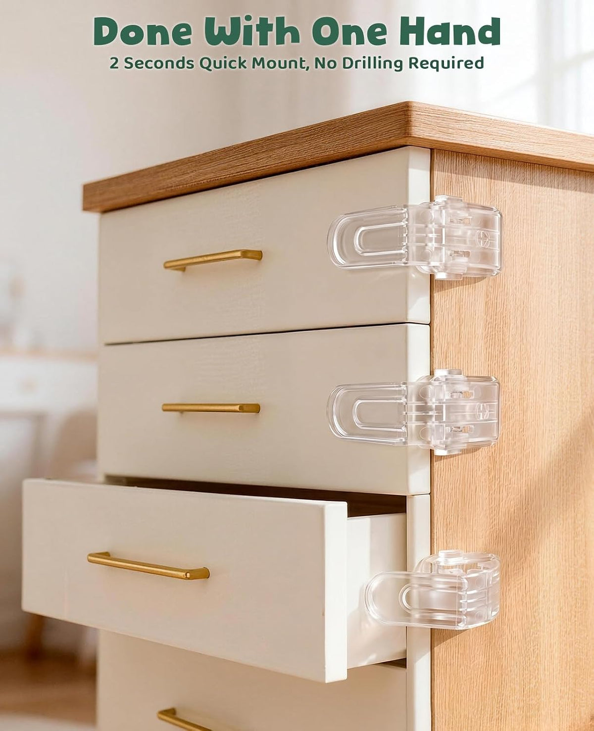 Roctee 6 Pack Drawer Baby Locks Clear, Baby Proof Locks for Side Drawers Pull Out Thin Dresser Kitchen Cabinet Bedside Tables, Safety Latch Child Proofing Clips