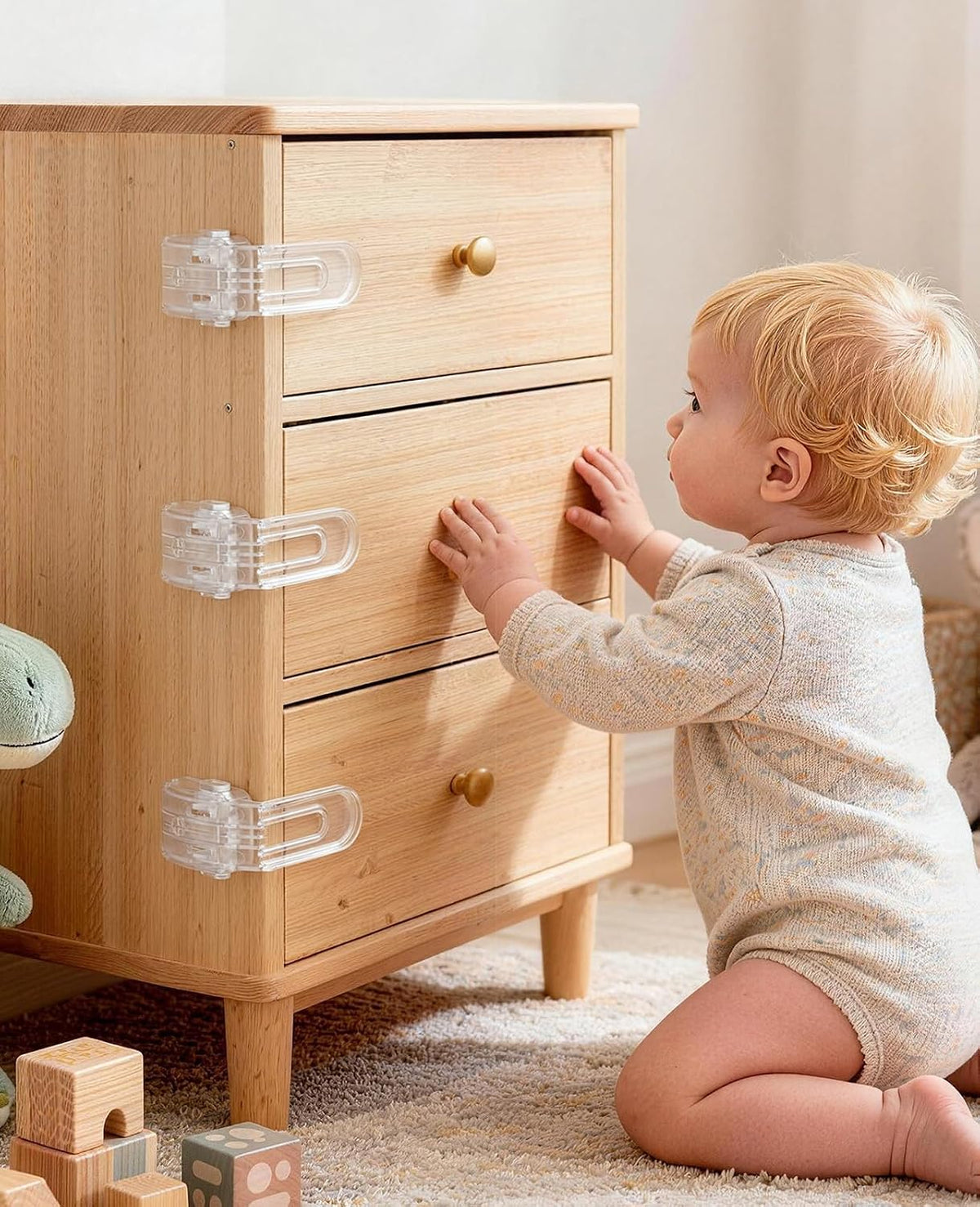 Roctee 6 Pack Drawer Baby Locks Clear, Baby Proof Locks for Side Drawers Pull Out Thin Dresser Kitchen Cabinet Bedside Tables, Safety Latch Child Proofing Clips