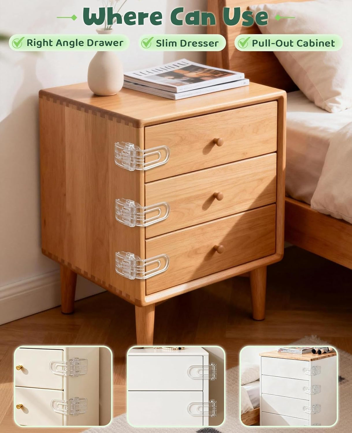 Roctee 6 Pack Drawer Baby Locks Clear, Baby Proof Locks for Side Drawers Pull Out Thin Dresser Kitchen Cabinet Bedside Tables, Safety Latch Child Proofing Clips