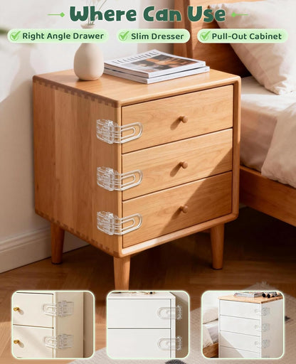 Roctee 6 Pack Drawer Baby Locks Clear, Baby Proof Locks for Side Drawers Pull Out Thin Dresser Kitchen Cabinet Bedside Tables, Safety Latch Child Proofing Clips