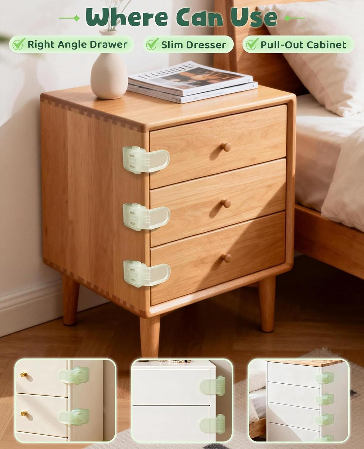 Roctee 6 Pack Drawer Baby Locks Clear, Baby Proof Locks for Side Drawers Pull Out Thin Dresser Kitchen Cabinet Bedside Tables, Safety Latch Child Proofing Clips