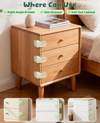 Roctee 6 Pack Drawer Baby Locks Clear, Baby Proof Locks for Side Drawers Pull Out Thin Dresser Kitchen Cabinet Bedside Tables, Safety Latch Child Proofing Clips