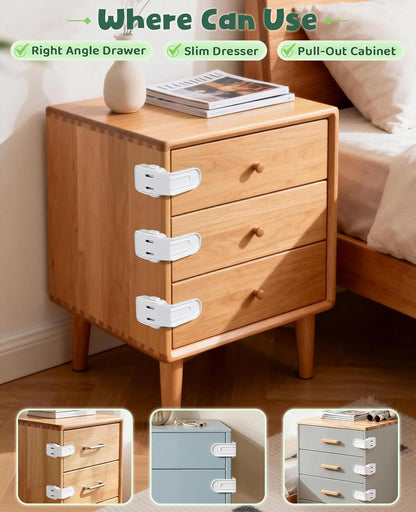 Roctee 6 Pack Drawer Baby Locks Clear, Baby Proof Locks for Side Drawers Pull Out Thin Dresser Kitchen Cabinet Bedside Tables, Safety Latch Child Proofing Clips