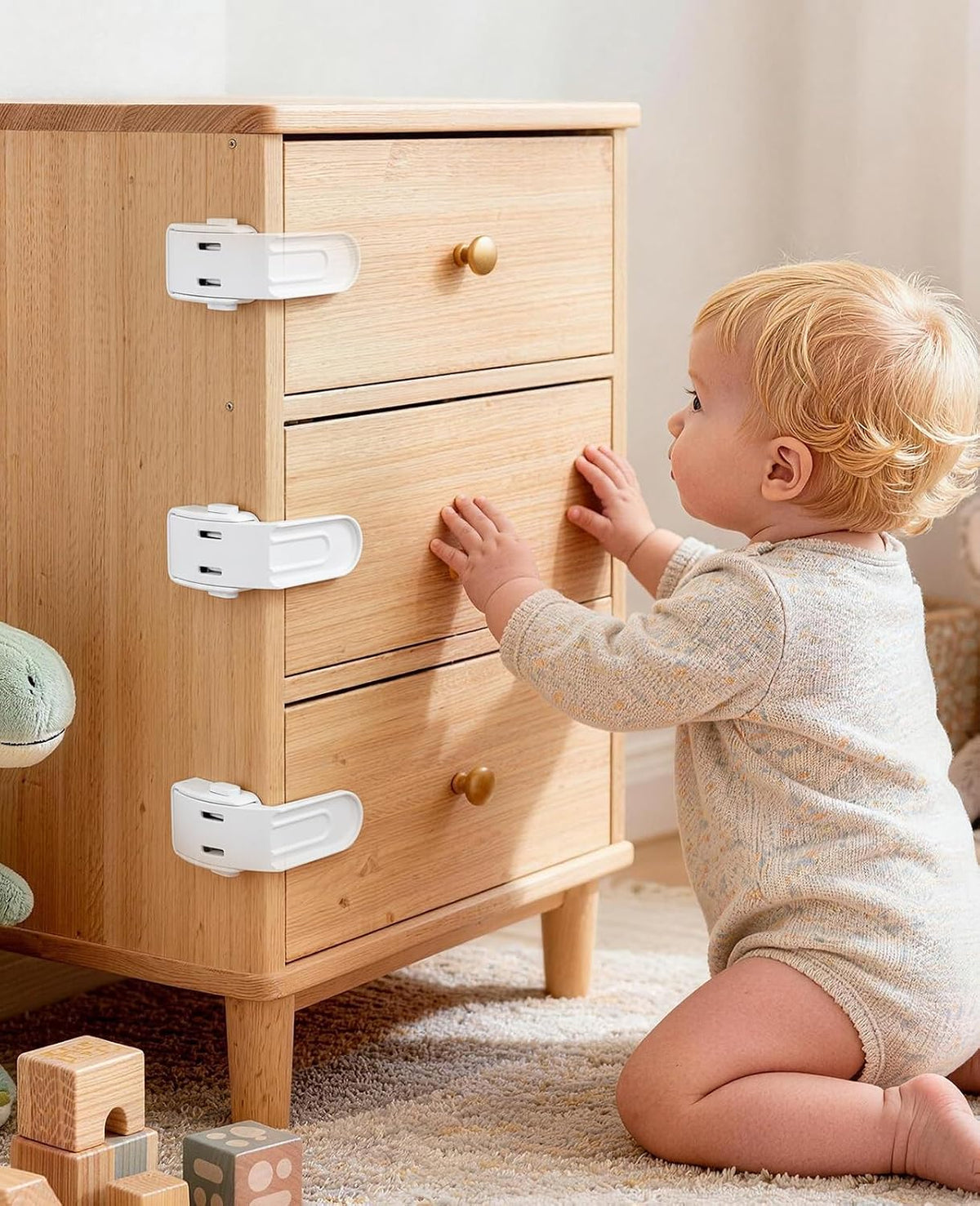 Roctee 6 Pack Drawer Baby Locks Clear, Baby Proof Locks for Side Drawers Pull Out Thin Dresser Kitchen Cabinet Bedside Tables, Safety Latch Child Proofing Clips
