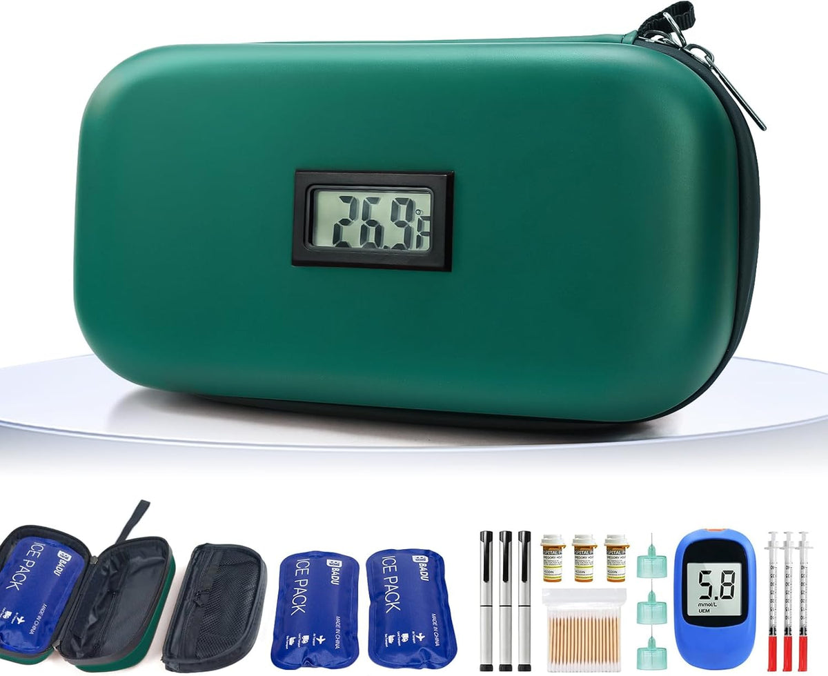 Insulin Cooler Travel Case TSA Approved Medication Cooler for Travel with Thermometer Temperature Display Diabetic Medication Organizer Medical Travel Cooler Bag with 2 Ice Pack