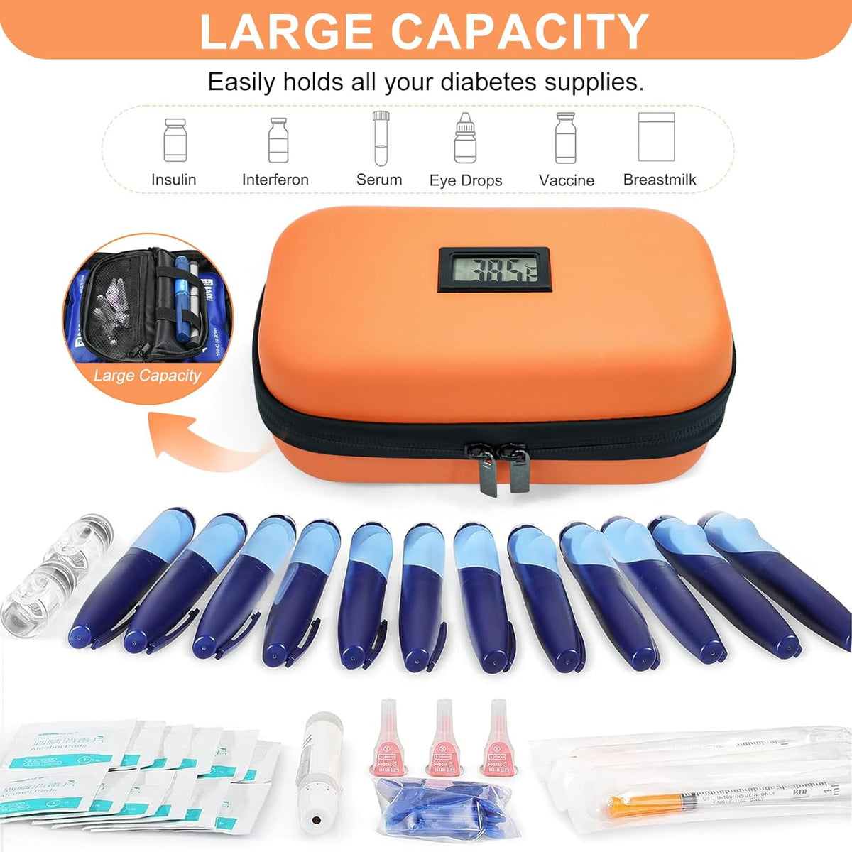 Insulin Cooler Travel Case TSA Approved Medication Cooler for Travel with Thermometer Temperature Display Diabetic Medication Organizer Medical Travel Cooler Bag with 2 Ice Pack