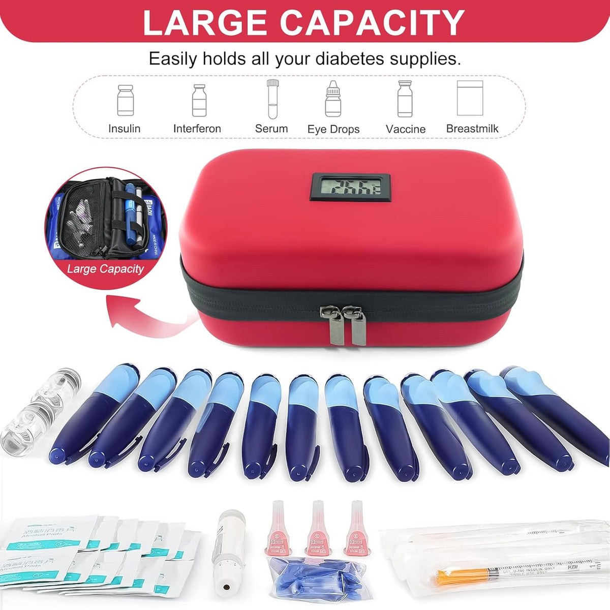Insulin Cooler Travel Case TSA Approved Medication Cooler for Travel with Thermometer Temperature Display Diabetic Medication Organizer Medical Travel Cooler Bag with 2 Ice Pack