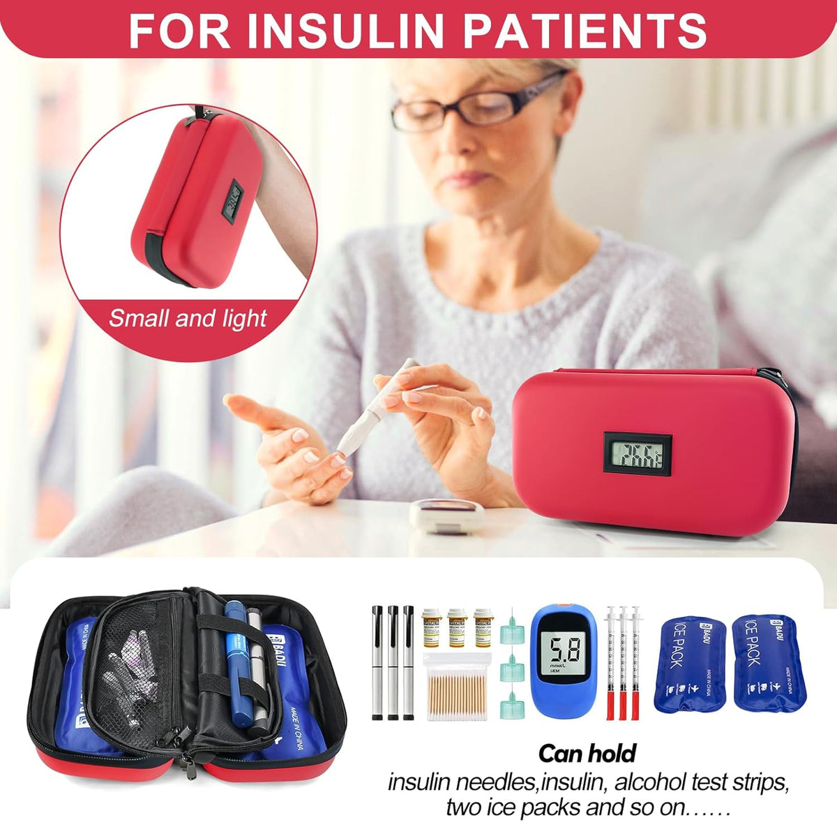 Insulin Cooler Travel Case TSA Approved Medication Cooler for Travel with Thermometer Temperature Display Diabetic Medication Organizer Medical Travel Cooler Bag with 2 Ice Pack