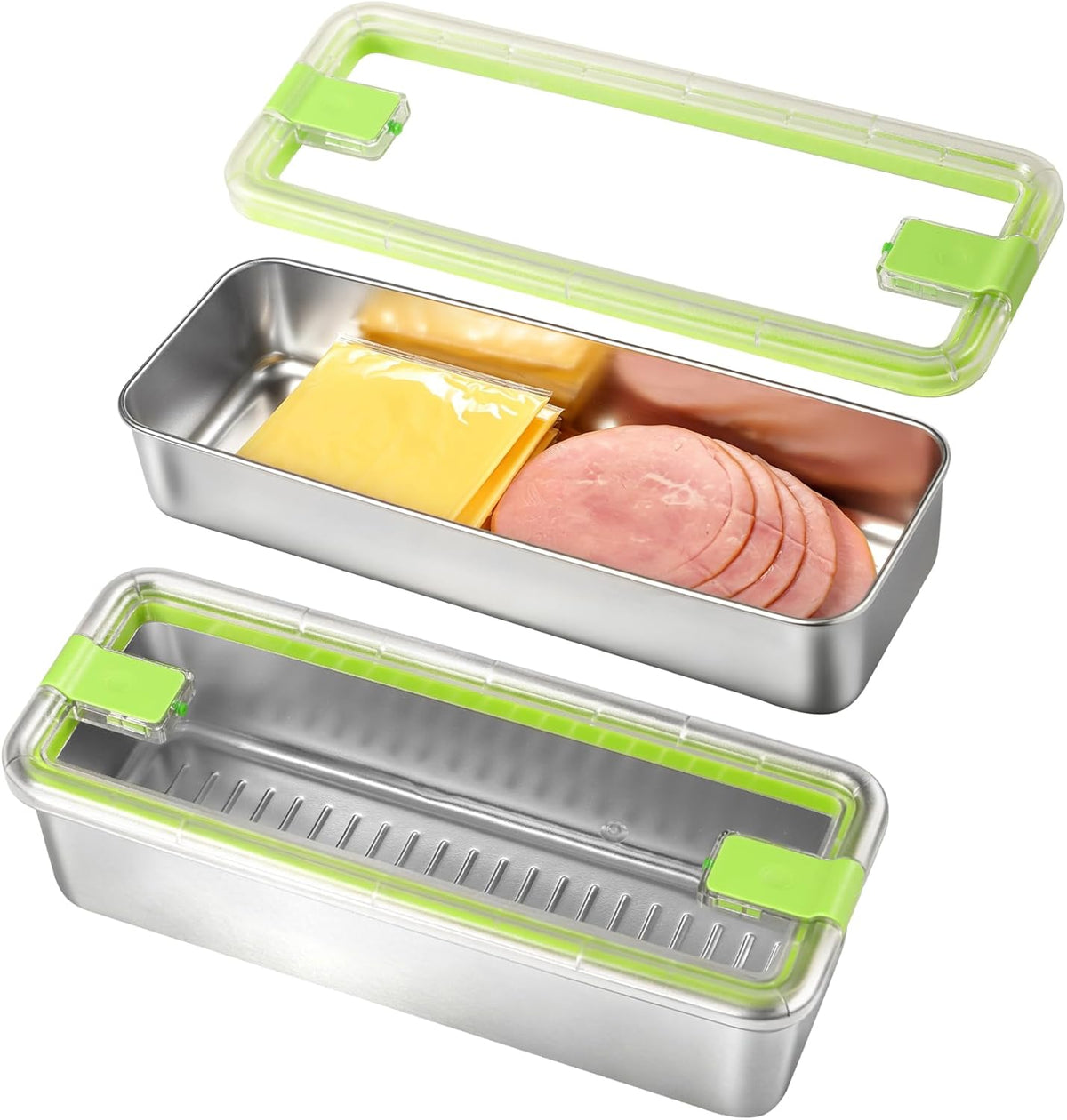 Bacon Container for Refrigerator 2 Pack 304 Stainless Steel Saver Deli Meat Storage Long Kitchen Food Storage Containers with Clear Lid for Fridge Dishwasher Safe