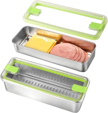 Bacon Container for Refrigerator 2 Pack 304 Stainless Steel Saver Deli Meat Storage Long Kitchen Food Storage Containers with Clear Lid for Fridge Dishwasher Safe