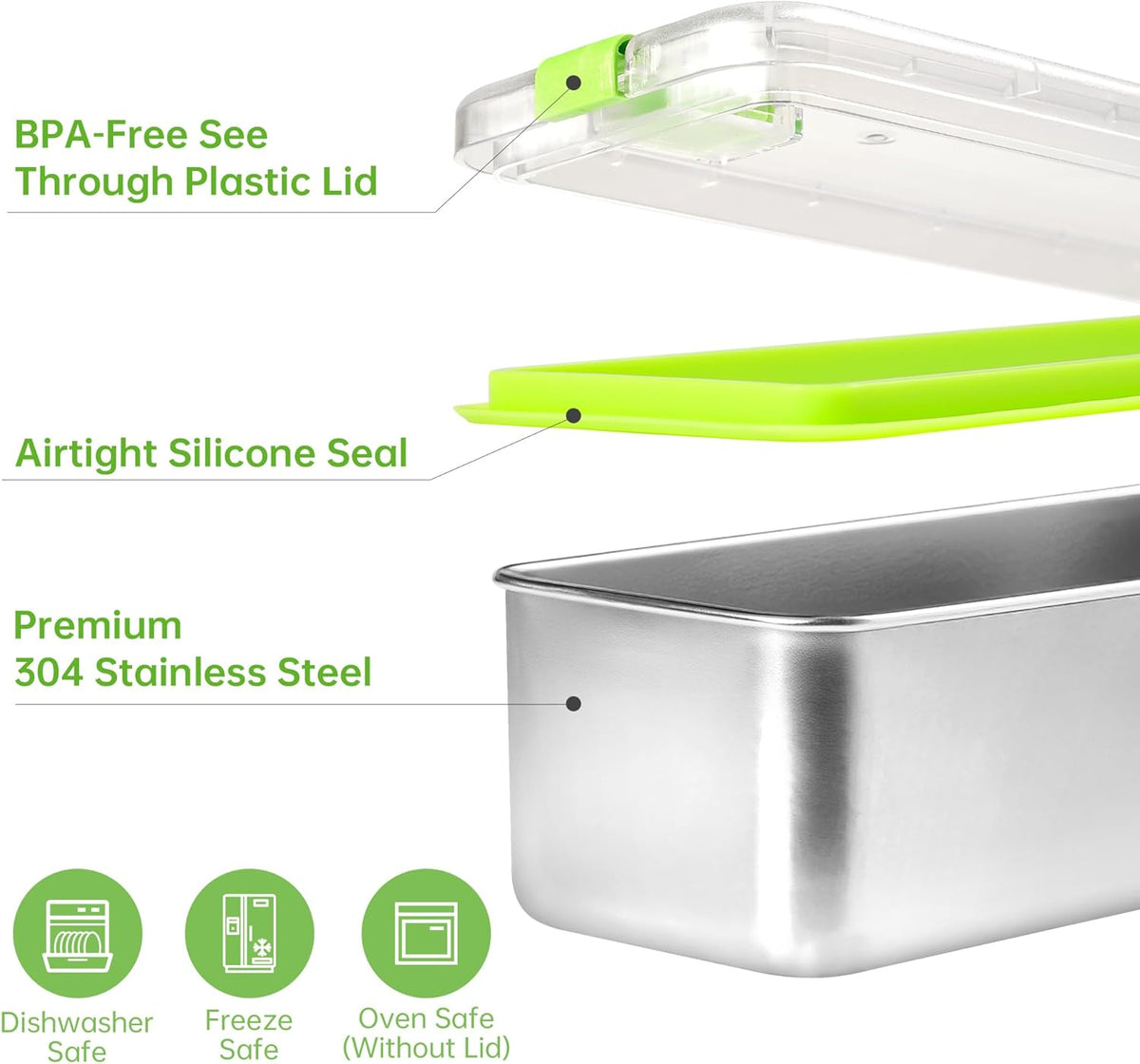 Bacon Container for Refrigerator 2 Pack 304 Stainless Steel Saver Deli Meat Storage Long Kitchen Food Storage Containers with Clear Lid for Fridge Dishwasher Safe