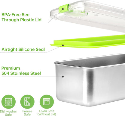 Bacon Container for Refrigerator 2 Pack 304 Stainless Steel Saver Deli Meat Storage Long Kitchen Food Storage Containers with Clear Lid for Fridge Dishwasher Safe