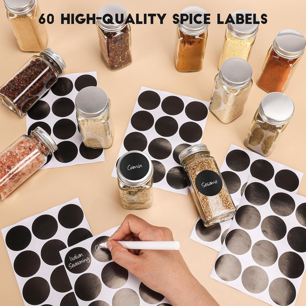 Spice Jars with Label, 4oz Empty Square Seasoning Containers