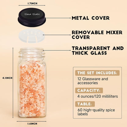 Spice Jars with Label, 4oz Empty Square Seasoning Containers