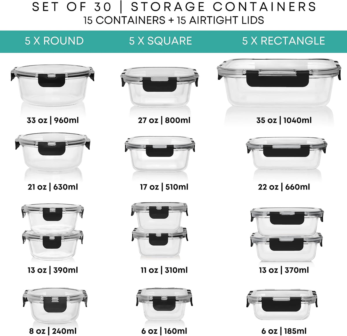 Razab 30 PC Glass Food Storage Containers with Lids - Reusable Glass Meal Prep Containers for Lunch and Leftovers - Airtight & Leakproof Snap Locking Lids - Oven, Freezer, Microwave, Dishwasher Safe