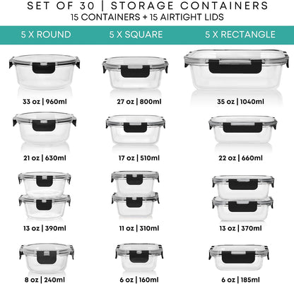 Razab 30 PC Glass Food Storage Containers with Lids - Reusable Glass Meal Prep Containers for Lunch and Leftovers - Airtight & Leakproof Snap Locking Lids - Oven, Freezer, Microwave, Dishwasher Safe