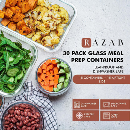 Razab 30 PC Glass Food Storage Containers with Lids - Reusable Glass Meal Prep Containers for Lunch and Leftovers - Airtight & Leakproof Snap Locking Lids - Oven, Freezer, Microwave, Dishwasher Safe