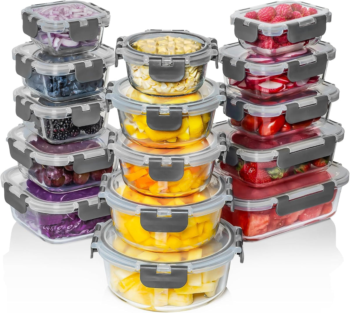 Razab 30 PC Glass Food Storage Containers with Lids - Reusable Glass Meal Prep Containers for Lunch and Leftovers - Airtight & Leakproof Snap Locking Lids - Oven, Freezer, Microwave, Dishwasher Safe