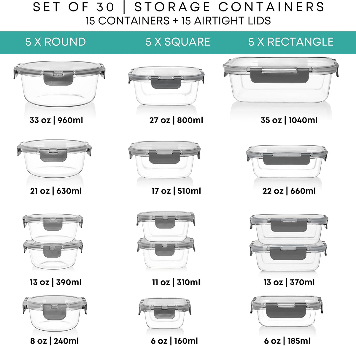 Razab 30 PC Glass Food Storage Containers with Lids - Reusable Glass Meal Prep Containers for Lunch and Leftovers - Airtight & Leakproof Snap Locking Lids - Oven, Freezer, Microwave, Dishwasher Safe