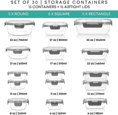 Razab 30 PC Glass Food Storage Containers with Lids - Reusable Glass Meal Prep Containers for Lunch and Leftovers - Airtight & Leakproof Snap Locking Lids - Oven, Freezer, Microwave, Dishwasher Safe