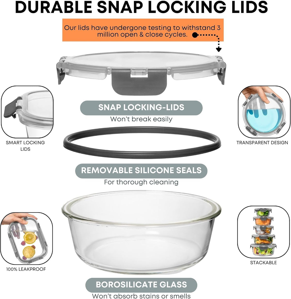 Razab 30 PC Glass Food Storage Containers with Lids - Reusable Glass Meal Prep Containers for Lunch and Leftovers - Airtight & Leakproof Snap Locking Lids - Oven, Freezer, Microwave, Dishwasher Safe