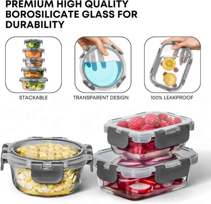 Razab 30 PC Glass Food Storage Containers with Lids - Reusable Glass Meal Prep Containers for Lunch and Leftovers - Airtight & Leakproof Snap Locking Lids - Oven, Freezer, Microwave, Dishwasher Safe