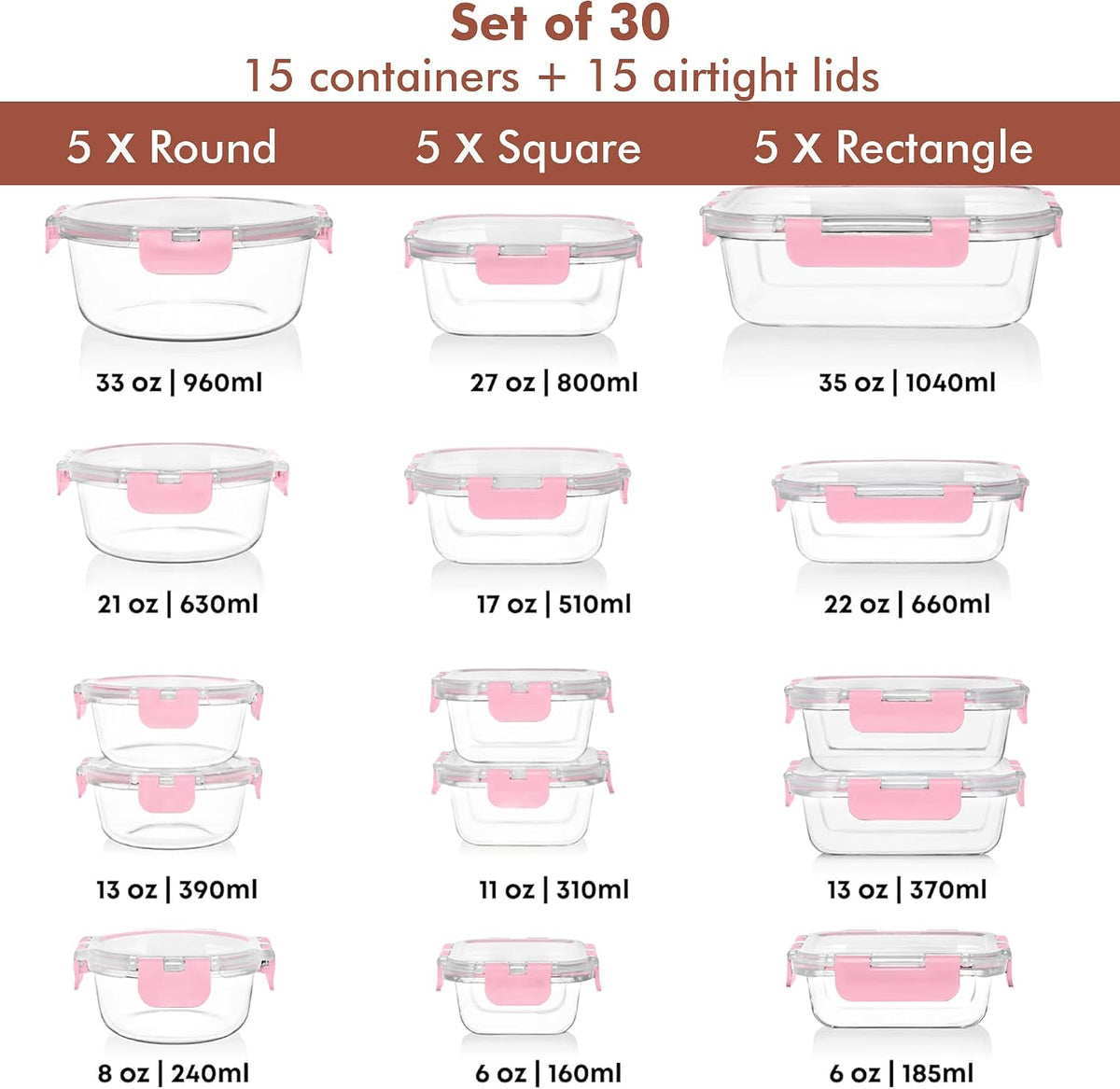 Razab 30 PC Glass Food Storage Containers with Lids - Reusable Glass Meal Prep Containers for Lunch and Leftovers - Airtight & Leakproof Snap Locking Lids - Oven, Freezer, Microwave, Dishwasher Safe