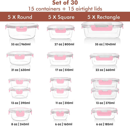 Razab 30 PC Glass Food Storage Containers with Lids - Reusable Glass Meal Prep Containers for Lunch and Leftovers - Airtight & Leakproof Snap Locking Lids - Oven, Freezer, Microwave, Dishwasher Safe