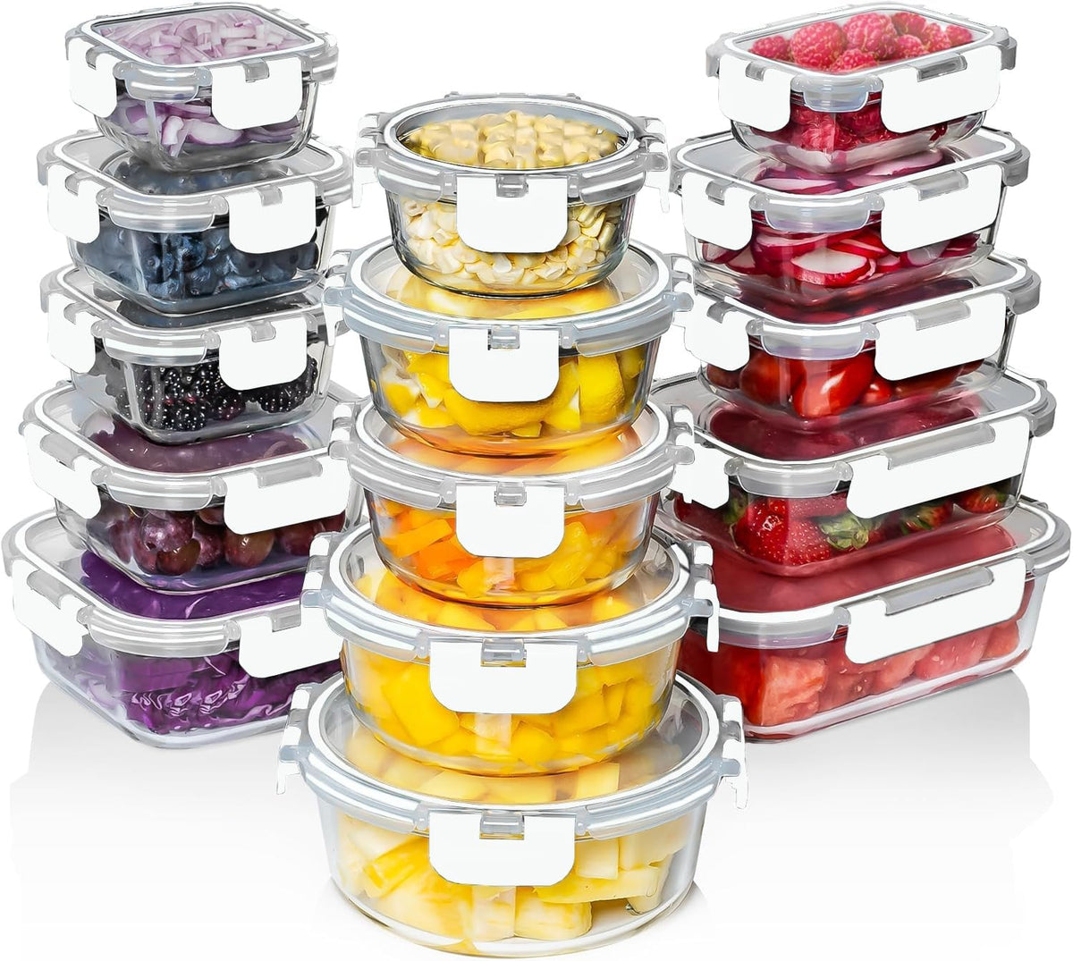 Razab 30 PC Glass Food Storage Containers with Lids - Reusable Glass Meal Prep Containers for Lunch and Leftovers - Airtight & Leakproof Snap Locking Lids - Oven, Freezer, Microwave, Dishwasher Safe