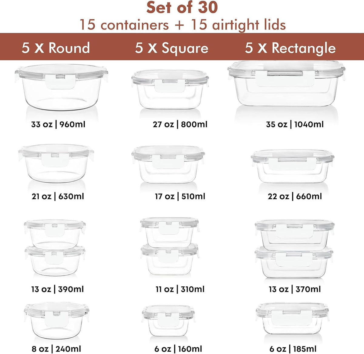 Razab 30 PC Glass Food Storage Containers with Lids - Reusable Glass Meal Prep Containers for Lunch and Leftovers - Airtight & Leakproof Snap Locking Lids - Oven, Freezer, Microwave, Dishwasher Safe