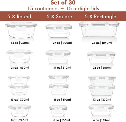 Razab 30 PC Glass Food Storage Containers with Lids - Reusable Glass Meal Prep Containers for Lunch and Leftovers - Airtight & Leakproof Snap Locking Lids - Oven, Freezer, Microwave, Dishwasher Safe
