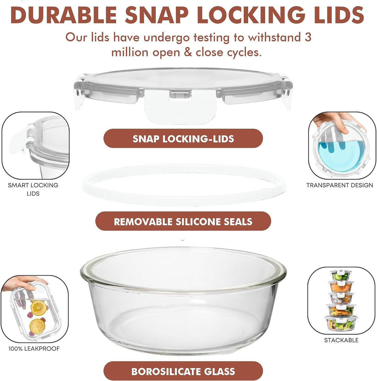 Razab 30 PC Glass Food Storage Containers with Lids - Reusable Glass Meal Prep Containers for Lunch and Leftovers - Airtight & Leakproof Snap Locking Lids - Oven, Freezer, Microwave, Dishwasher Safe