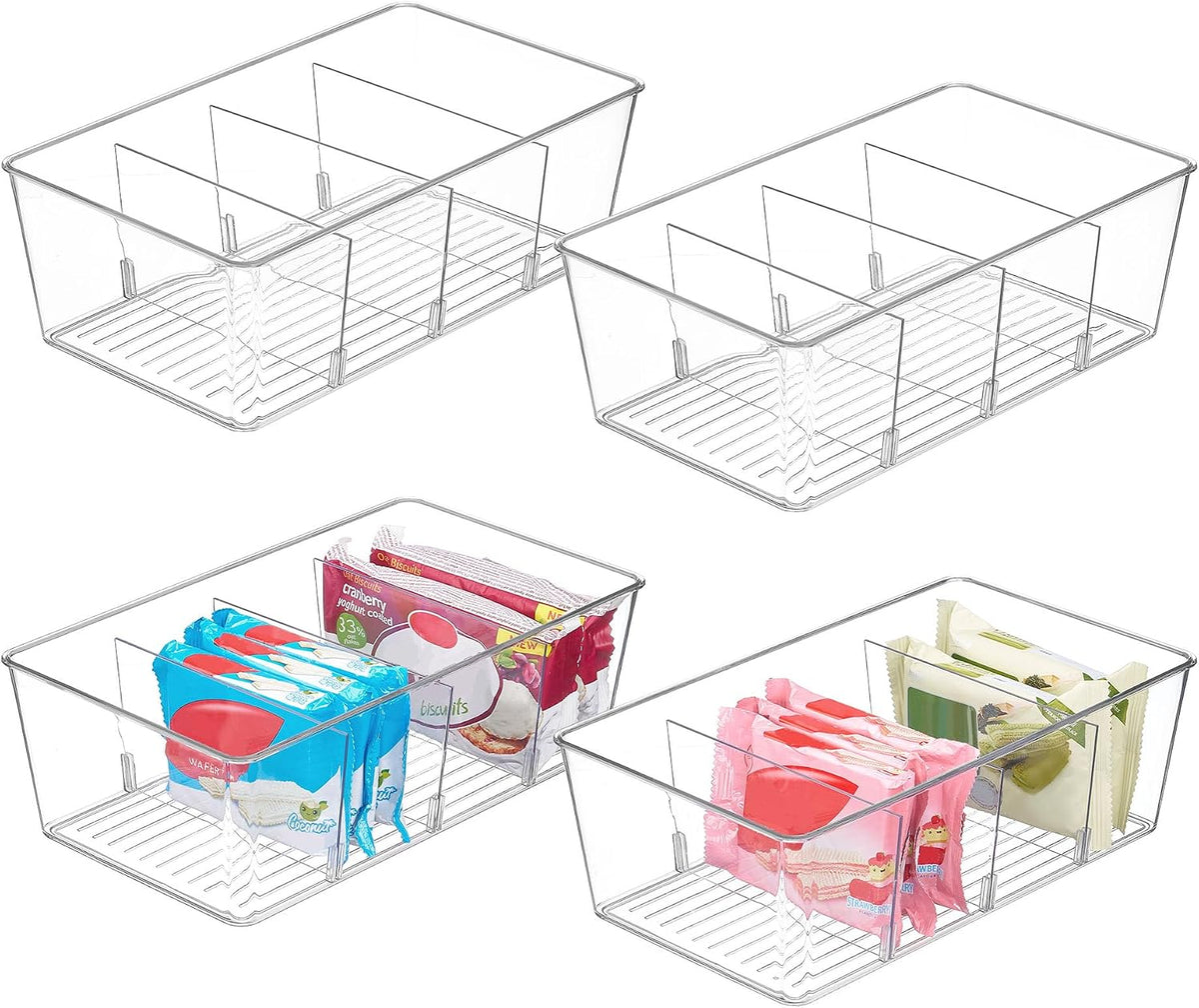 Food Storage Organizer Bins, Clear Plastic, 4 Compartments