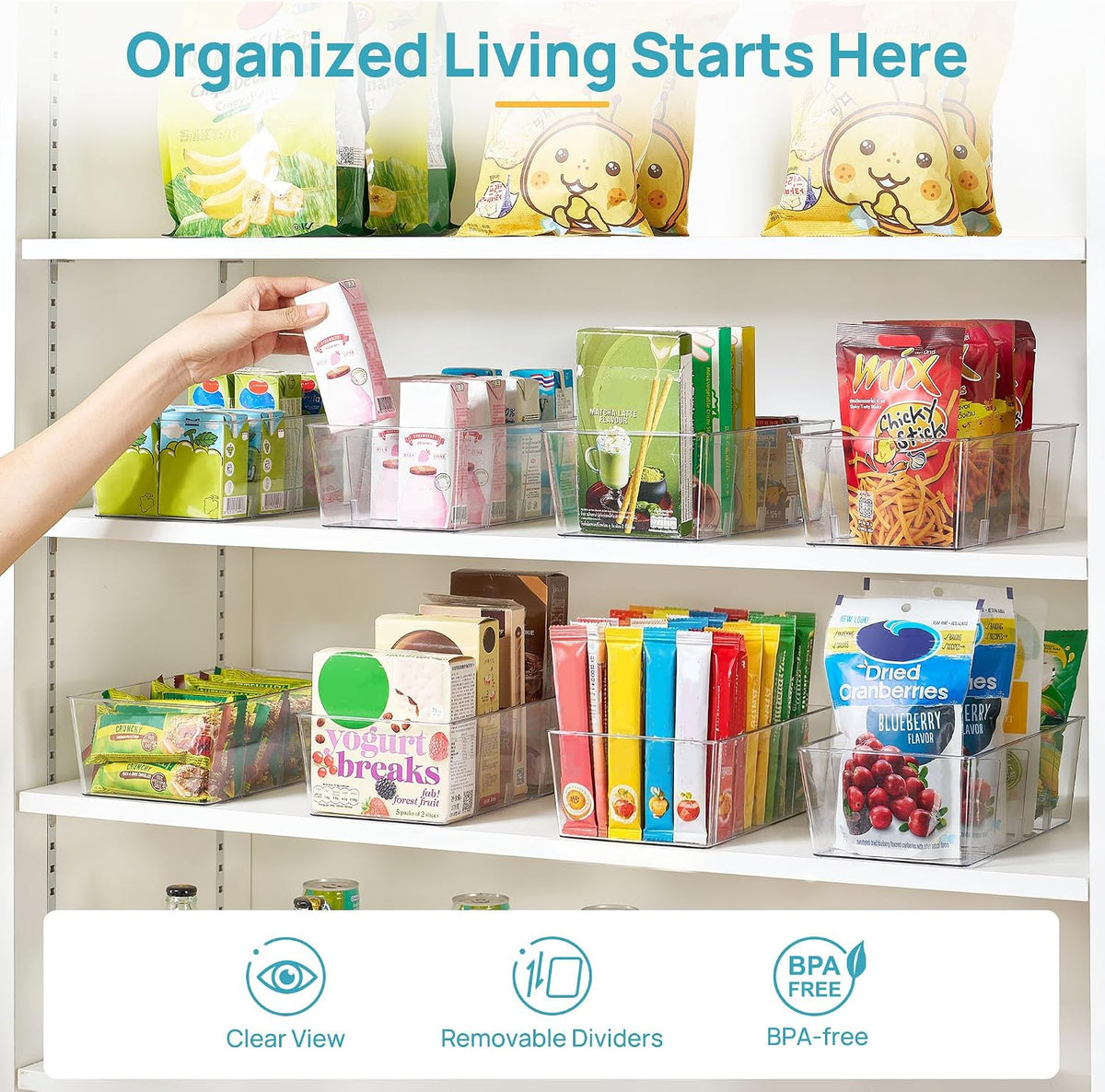 Food Storage Organizer Bins, Clear Plastic, 4 Compartments