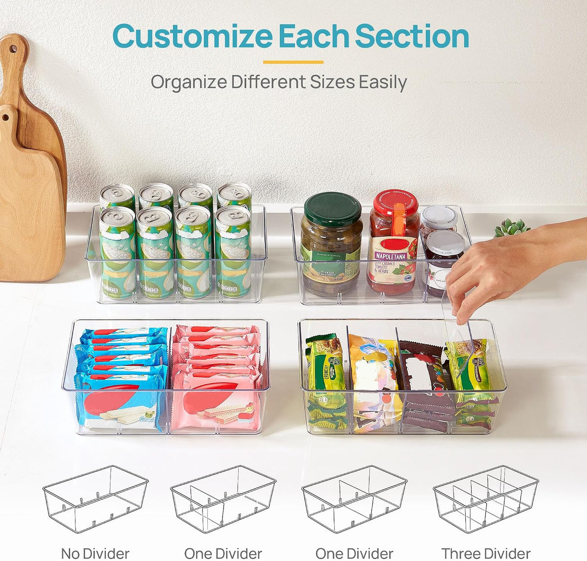 Food Storage Organizer Bins, Clear Plastic, 4 Compartments