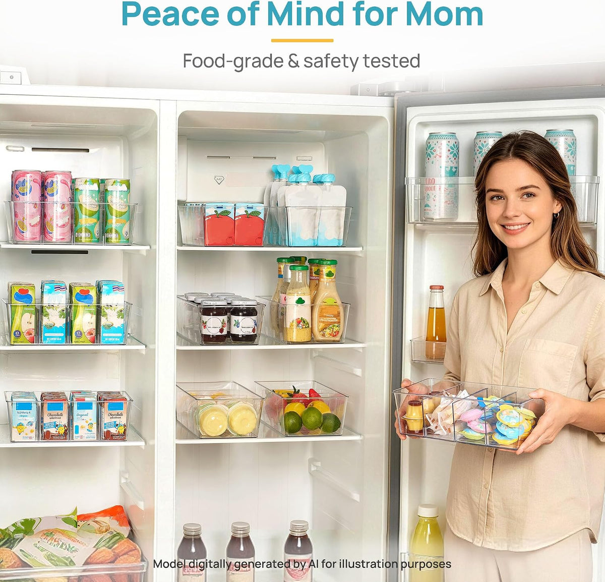 Food Storage Organizer Bins, Clear Plastic, 4 Compartments