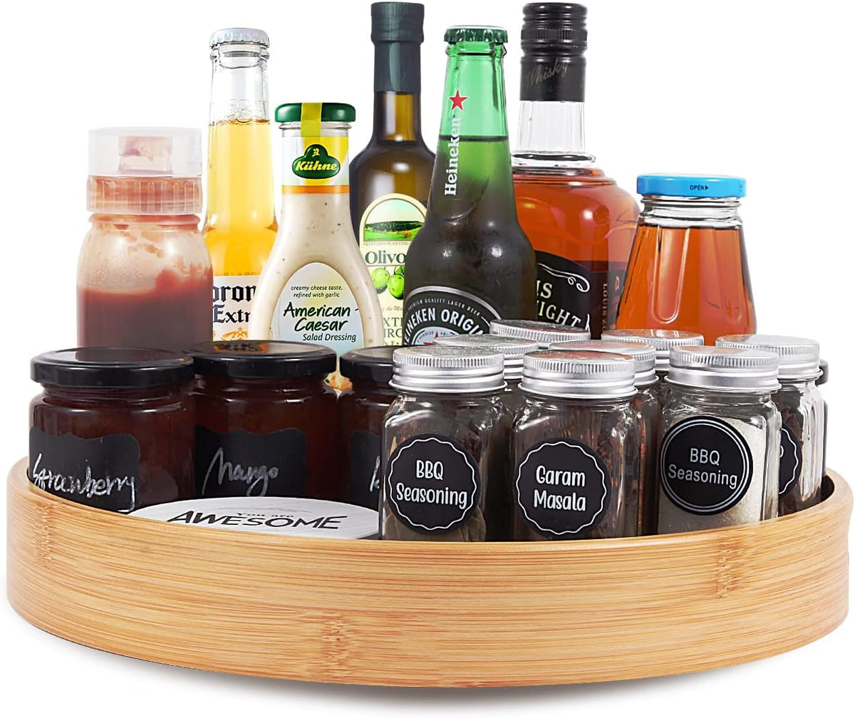 Lazy Susan Organizer 14 inch, Bamboo Lazy Susan for Table, Kitchen Turntable Organizer with Double Handles, Round Wood Rotating Turntable Spice Organizer for Countertop Cabinet or Pantry