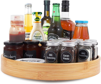 Lazy Susan Organizer 14 inch, Bamboo Lazy Susan for Table, Kitchen Turntable Organizer with Double Handles, Round Wood Rotating Turntable Spice Organizer for Countertop Cabinet or Pantry
