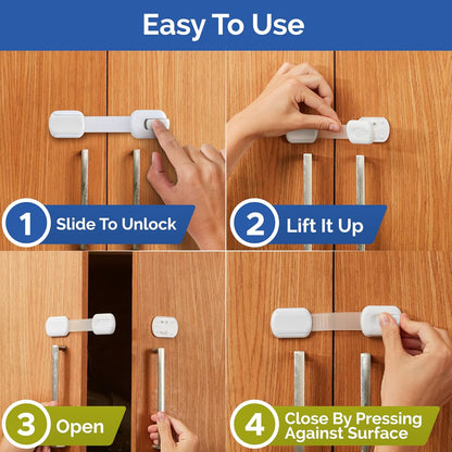 Child Safety Strap Locks Baby Locks for Cabinets and Drawers, Toilet, Fridge & More. 3M Adhesive Pads. Easy Installation, No Drilling Required, White