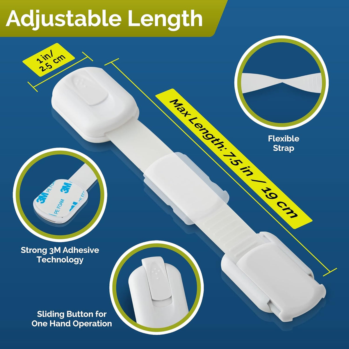 Child Safety Strap Locks Baby Locks for Cabinets and Drawers, Toilet, Fridge & More. 3M Adhesive Pads. Easy Installation, No Drilling Required, White