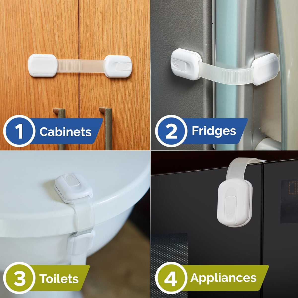 Child Safety Strap Locks Baby Locks for Cabinets and Drawers, Toilet, Fridge & More. 3M Adhesive Pads. Easy Installation, No Drilling Required, White