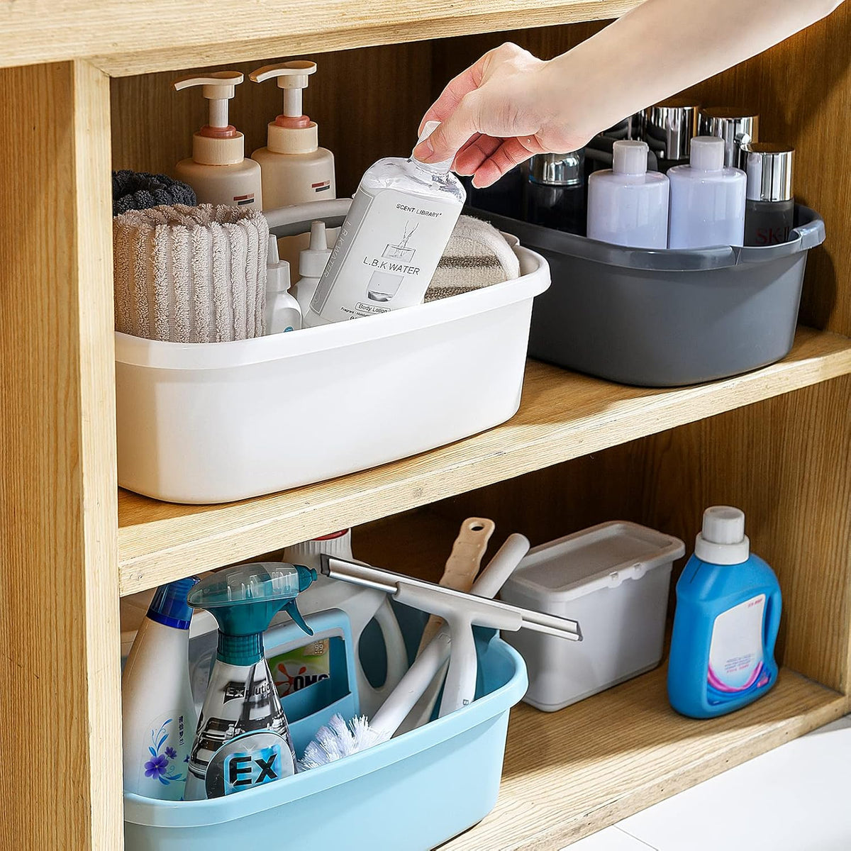 Multi-Purpose Plastic Cleaning Caddy with Handle, Shower Caddy Organizer/Storage Basket/Totes Portable for Bathroom Supplies, Cleaning Products, Under Sink Tool, Housekeepers (White)