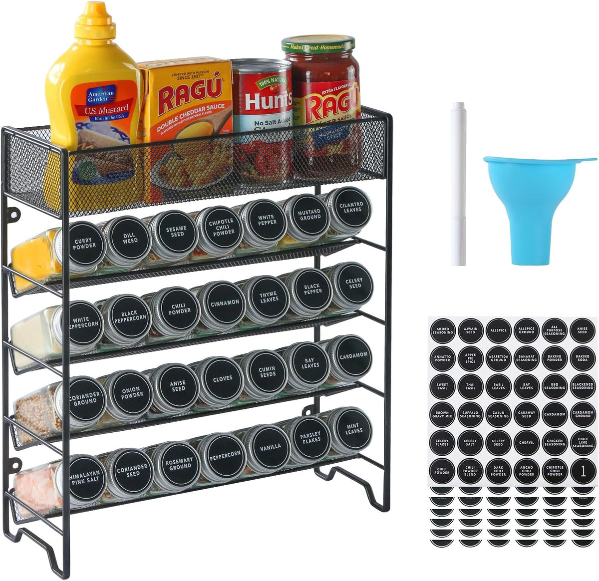 Spice Rack Organizer with 28 Spice Jars, Black Lids，Spice Labels, Chalk pen and Funnel Set for Cabinet, Countertop, Pantry, Cupboard or Wall Mount