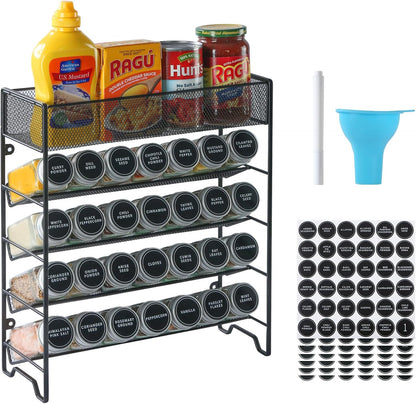 Spice Rack Organizer with 28 Spice Jars, Black Lids，Spice Labels, Chalk pen and Funnel Set for Cabinet, Countertop, Pantry, Cupboard or Wall Mount
