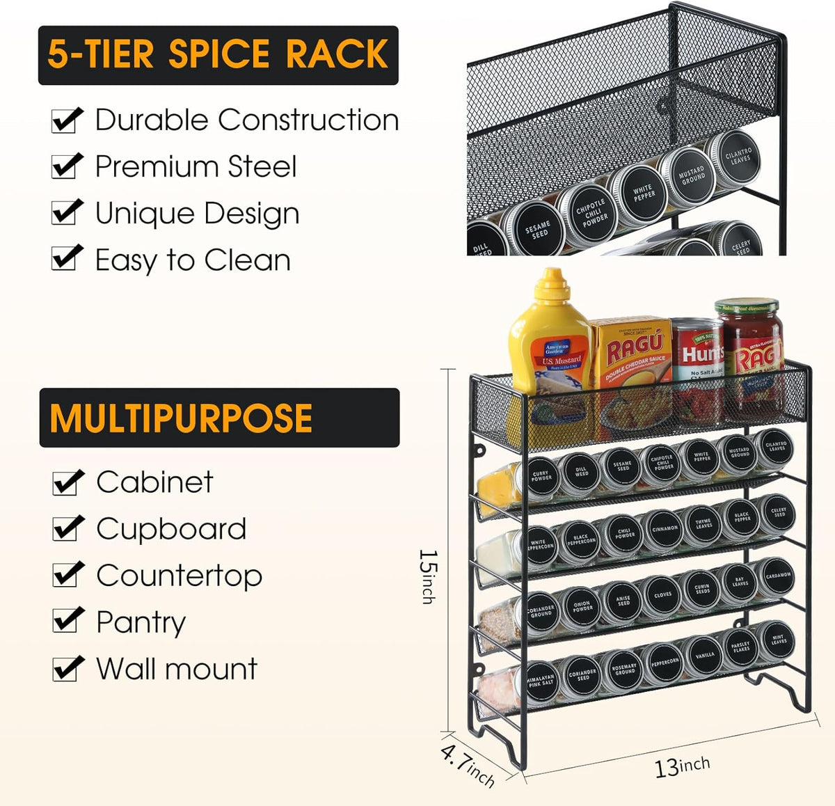 Spice Rack Organizer with 28 Spice Jars, Black Lids，Spice Labels, Chalk pen and Funnel Set for Cabinet, Countertop, Pantry, Cupboard or Wall Mount