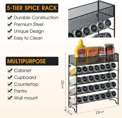 Spice Rack Organizer with 28 Spice Jars, Black Lids，Spice Labels, Chalk pen and Funnel Set for Cabinet, Countertop, Pantry, Cupboard or Wall Mount