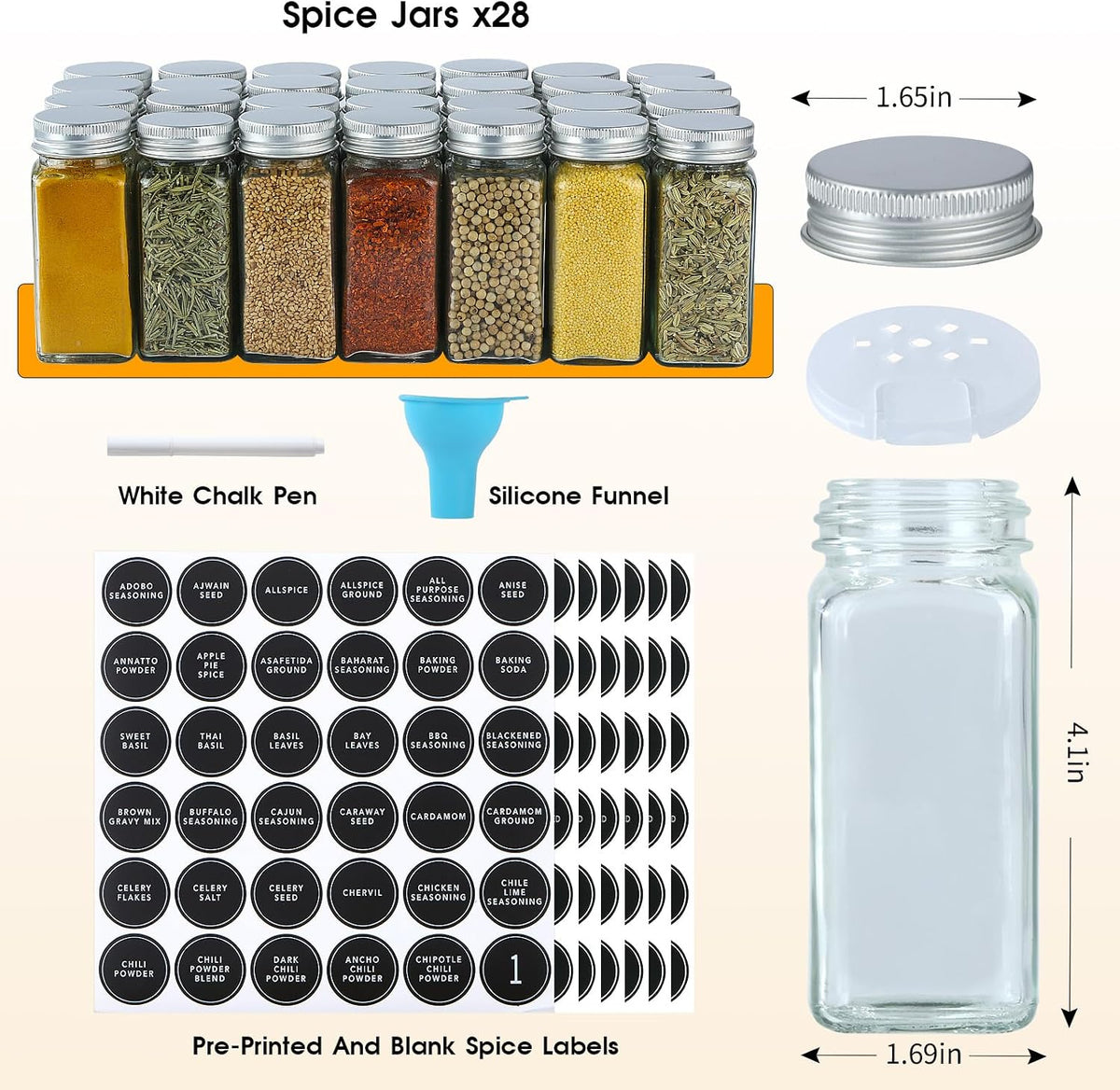 Spice Rack Organizer with 28 Spice Jars, Black Lids，Spice Labels, Chalk pen and Funnel Set for Cabinet, Countertop, Pantry, Cupboard or Wall Mount