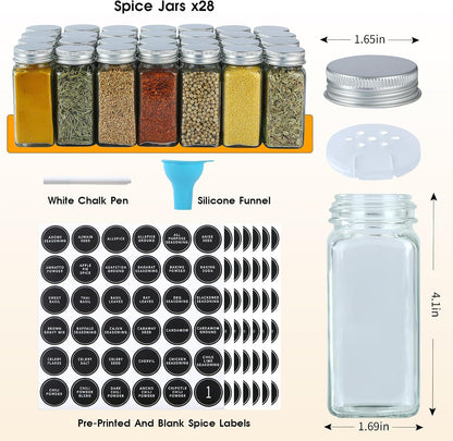 Spice Rack Organizer with 28 Spice Jars, Black Lids，Spice Labels, Chalk pen and Funnel Set for Cabinet, Countertop, Pantry, Cupboard or Wall Mount