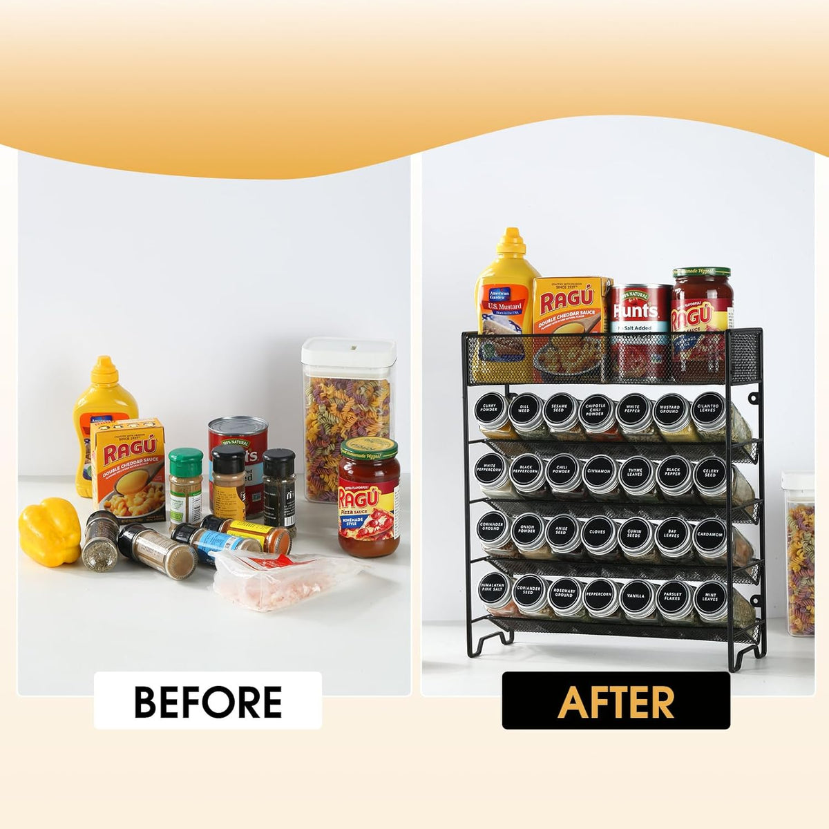 Spice Rack Organizer with 28 Spice Jars, Black Lids，Spice Labels, Chalk pen and Funnel Set for Cabinet, Countertop, Pantry, Cupboard or Wall Mount