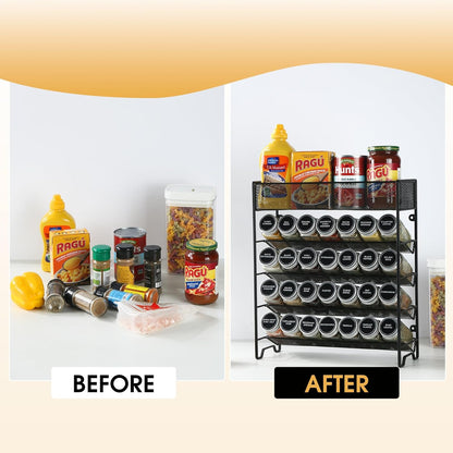 Spice Rack Organizer with 28 Spice Jars, Black Lids，Spice Labels, Chalk pen and Funnel Set for Cabinet, Countertop, Pantry, Cupboard or Wall Mount